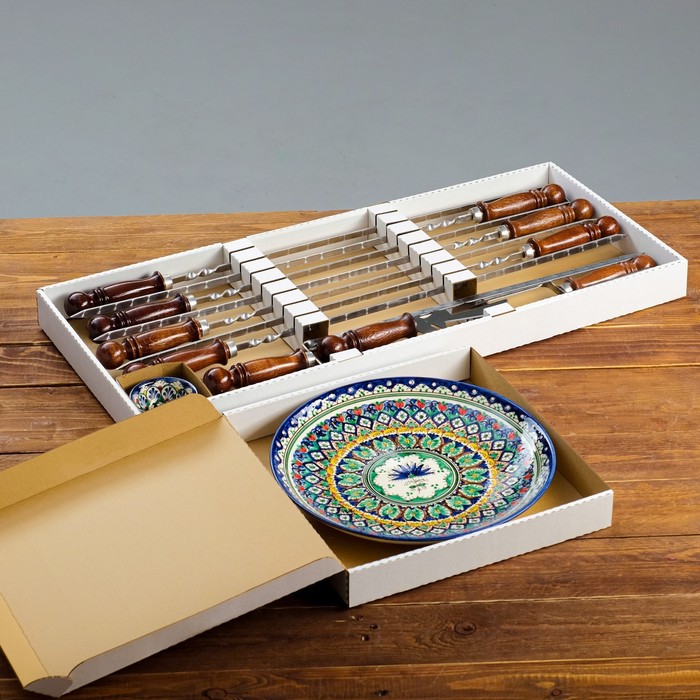 Набор с шампурами подарочный "Шафран", 12 предметов, в деревянной коробке, шампуры 50см - фото 1908787741