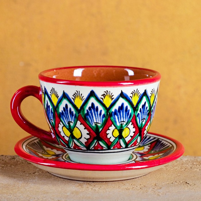 Чайная пара Риштанская Керамика "Цветы", 250 мл, красная - фото 1910261032