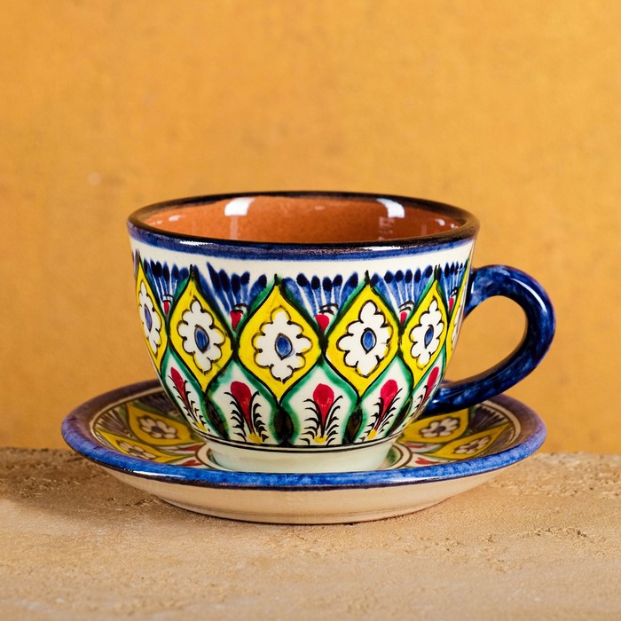 Чайная пара Риштанская Керамика "Цветы", 200мл, синяя - фото 1910261035