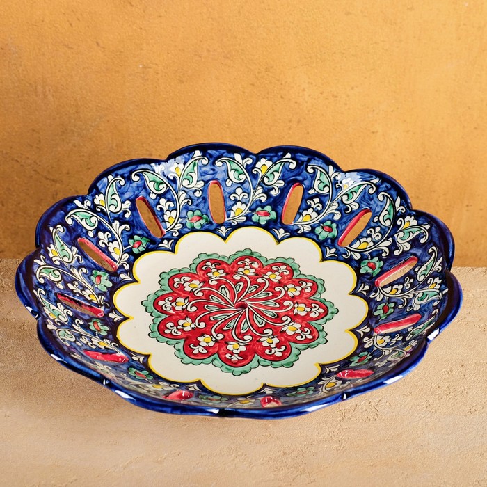 Фруктовница Риштанская Керамика Цветы, 33 см, синяя