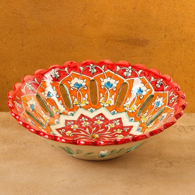 Фруктовница узбекская Риштанская Керамика «Цветы», d=28 см, красная