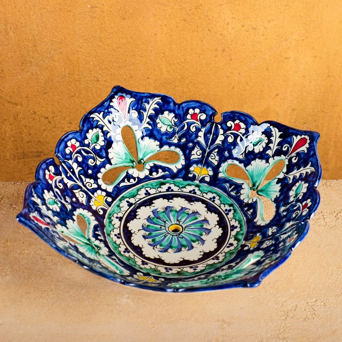 Фруктовница Риштанская Керамика Узоры, 25 см, синяя