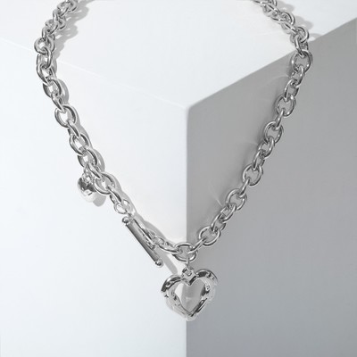 Колье «Цепь» сердце из коры, цвет серебро, 46 см