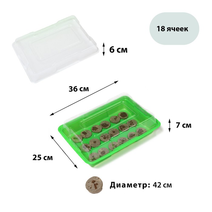 Мини-парник для рассады: торфяная таблетка d = 4,2 см (18 шт.), парник 36 × 25 см, зелёный