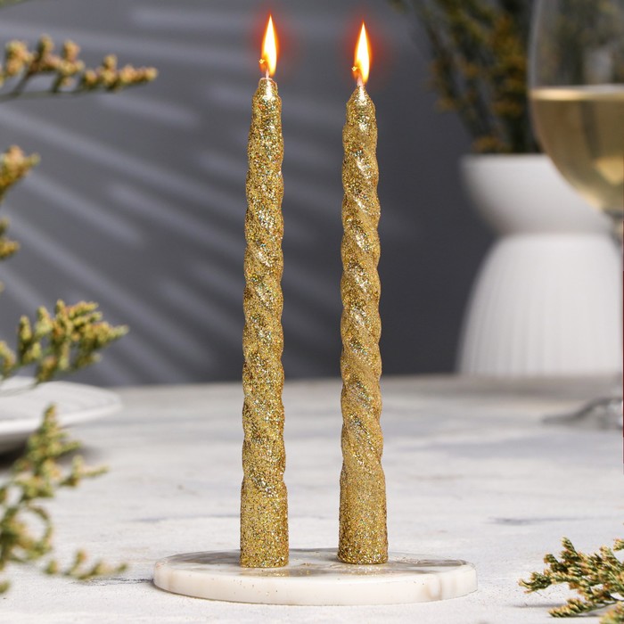 Набор свечей витых, 1,5х 15 см, 2 штуки, блестка, золото - Фото 1