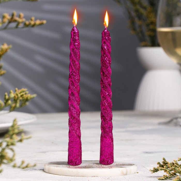 Набор свечей витых, 1.5×15 см, 2 шт., блестки, сиреневый - Фото 1