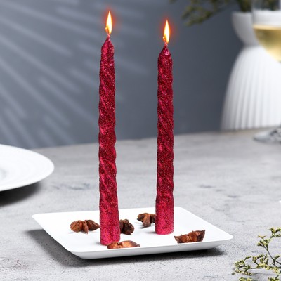Набор свечей витых, 1.5×15 см, 2 шт., блестки, красный