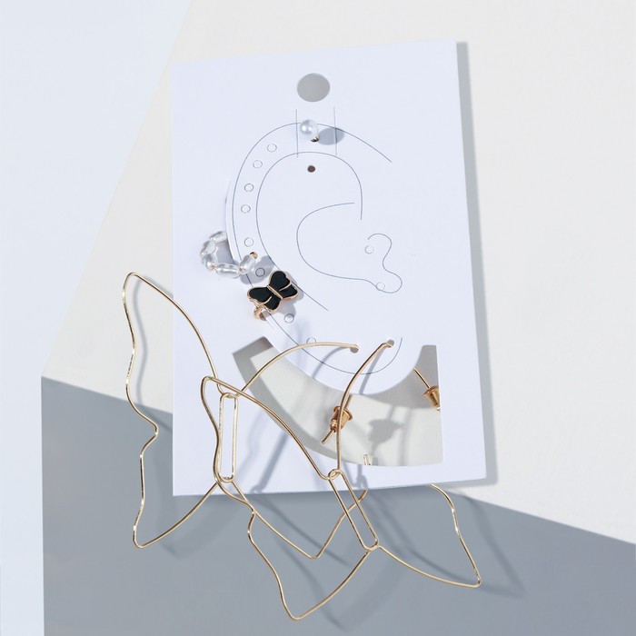 Набор серьги и каффы «Цацки» бабочки контурные, чёрно-белый в золоте - Фото 1