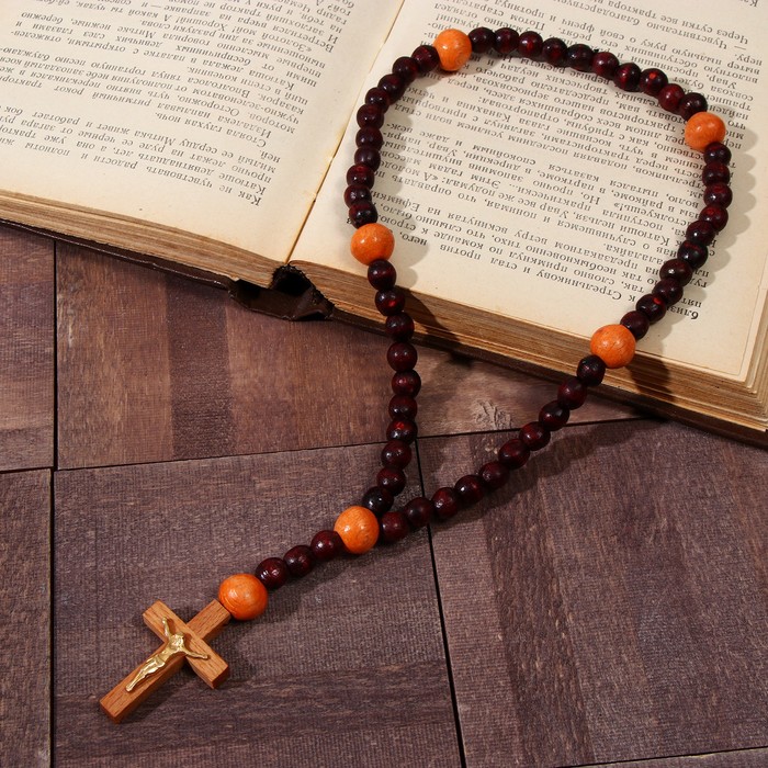 Чётки деревянные "Православные" с крестиком, 50 бусин, цвет вишнёво-оранжевый - Фото 1
