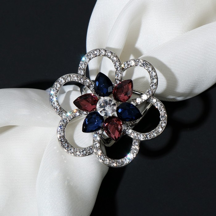 Кольцо для платка "Цветок" дуо, цветное в серебре - Фото 1