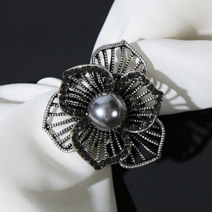 Кольцо для платка "Цветок" двухслойный, цвет серый в чернёном серебре - Фото 1