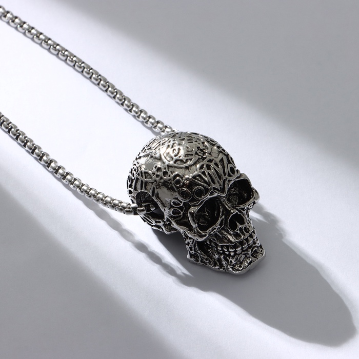Кулон «Череп» с узором, цвет чернёное серебро, 70 см - Фото 1
