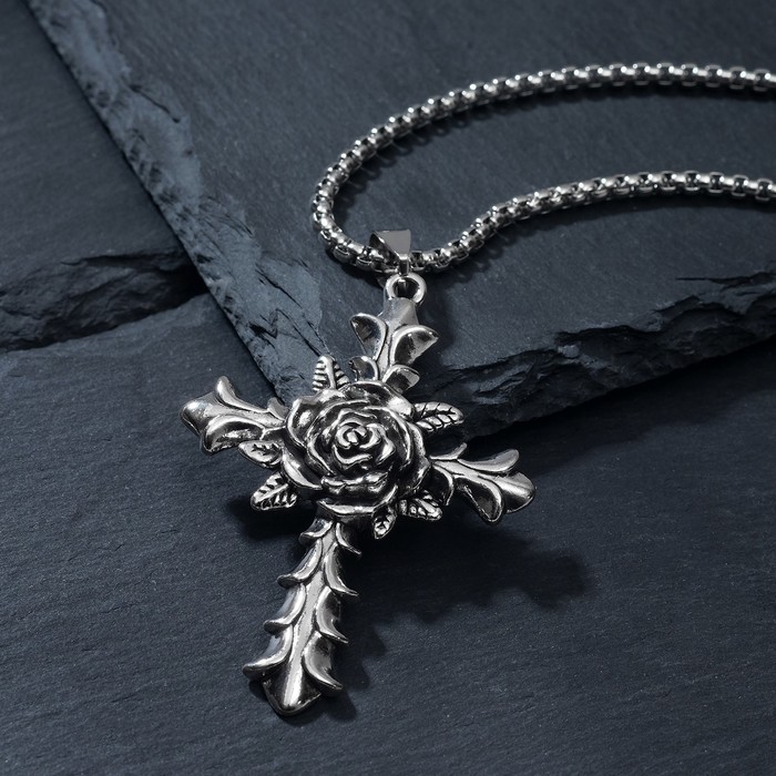 Кулон "Роза в кресте" розенкрейцерский орден, цвет чернёное серебро, 70см