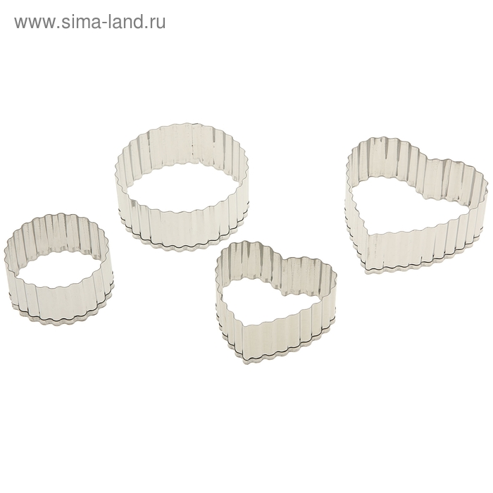 Набор форм для вырезания печенья «Круги и сердца рифленые», 4 шт, 6×7,5×4 см, цвет хромированный - Фото 1