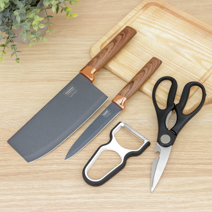 Набор кухонных принадлежностей Bobssen, 4 предмета: ножи 12,5 см, 20,5 см, ножницы, металлическая овощечистка - фото 1907335156