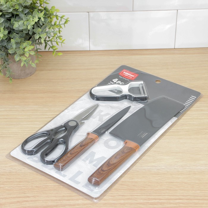 Набор кухонных принадлежностей Bobssen, 4 предмета: ножи 12,5 см, 20,5 см, ножницы, металлическая овощечистка - фото 1907335163