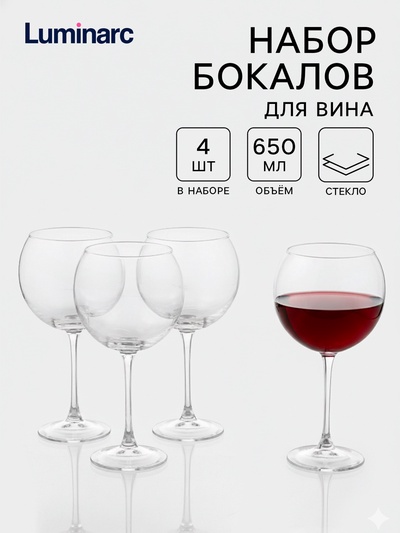 Бокалы для вина Luminarc Tasting Time, 650 мл, набор 4 шт., стекло, прозрачные