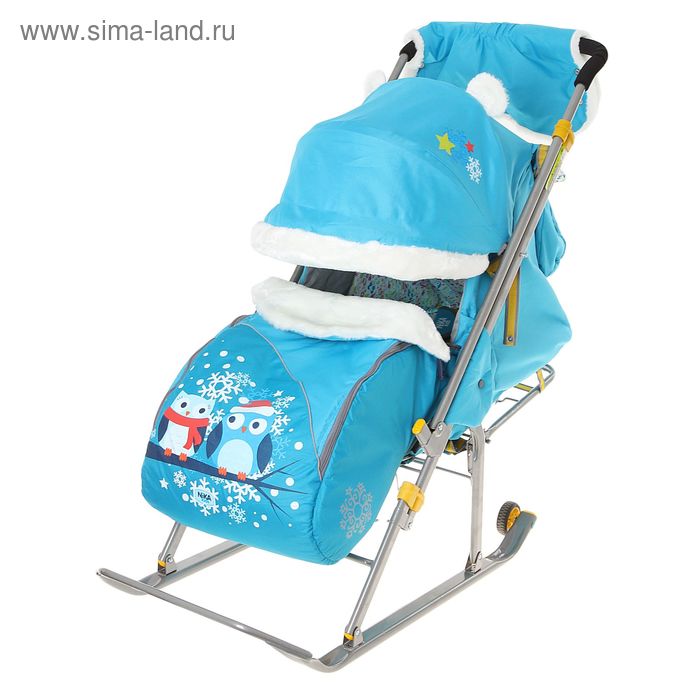 Санки-коляска «Ника Детям 6 - совушки» с прорезиненными колёсами, цвет голубой