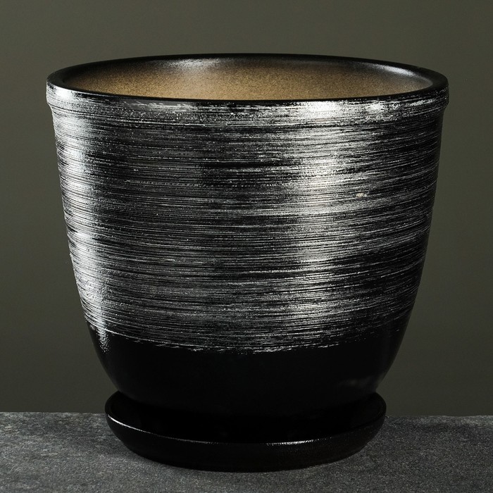 Горшок для цветов «Космос», керамический, с поддоном, 8 л, чёрный с серебряными полосками - Фото 1