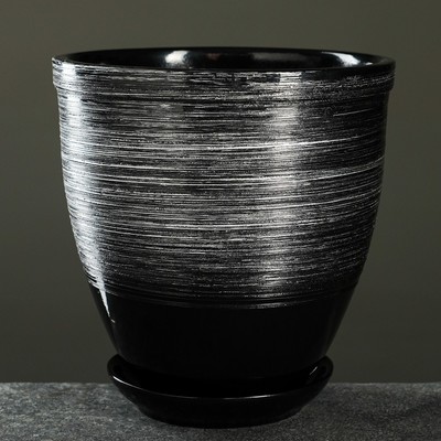 Горшок цветочный с поддоном 2,4л, черный керамика, "Космос" (М)