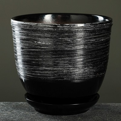 Горшок цветочный с поддоном 1,8л, черный керамика, "Космос" (М)