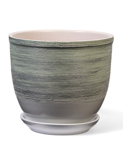 Горшок для цветов «Бабл гам» керамический, с поддоном, 1.8 л, белый с зелёной полосой