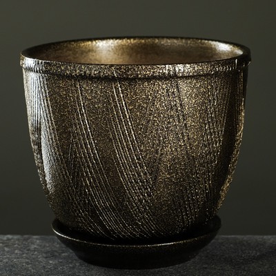 Горшок для цветов «Греция», 1.8 л, d=15.5 см, h=15.5 см, керамика, с поддоном, чёрный, золотистый