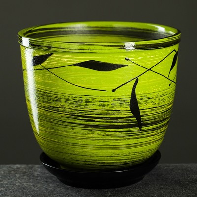 Горшок цветочный с поддоном 1,8л, зеленый с рисунком, "Листья" (М)