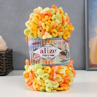 Плюшевая пряжа для вязания руками ALIZE, Puffy Fine Color, 100% микрополиэстер, 14.5 м/100 г, (6313)
