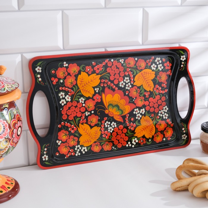 Поднос деревянный с ручками «Хохлома», ручная роспись, 38×23 см - Фото 1