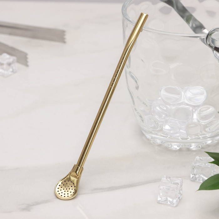 Бомбилья для чая Мате из нержавеющей стали, длина 17,5 см, цвет золотой - Фото 1