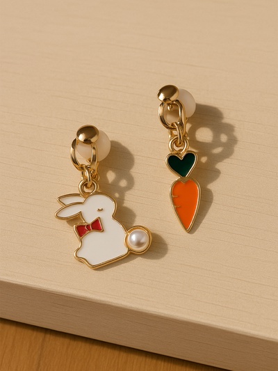 Серьги-клипсы детские Выбражулька «Зайчик с морковкой», бело-оранжевые