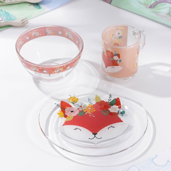Набор детской посуды Доляна «Лисёнок», 3 предмета: миска 450 мл, тарелка d=20 см, кружка 200 мл - фото 1907336195