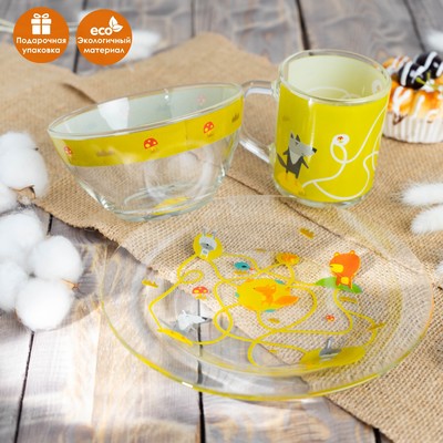 Набор детской посуды Доляна «Лесные забавы», 3 предмета: миска 450 мл, тарелка d=20 см, кружка 200 мл, стекло, прозрачный, жёлтый