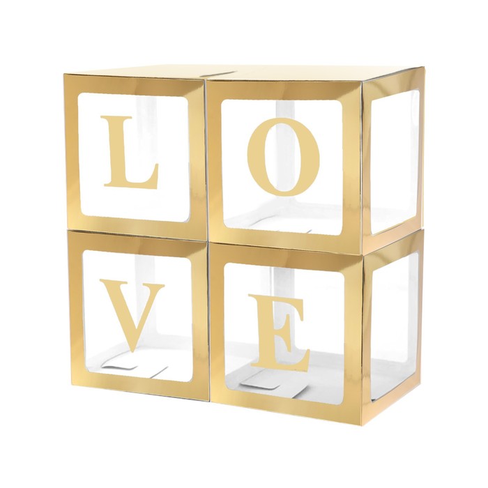 Набор коробок для воздушных шаров Love, золото, 30*30*30 см, в упаковке 4 шт.