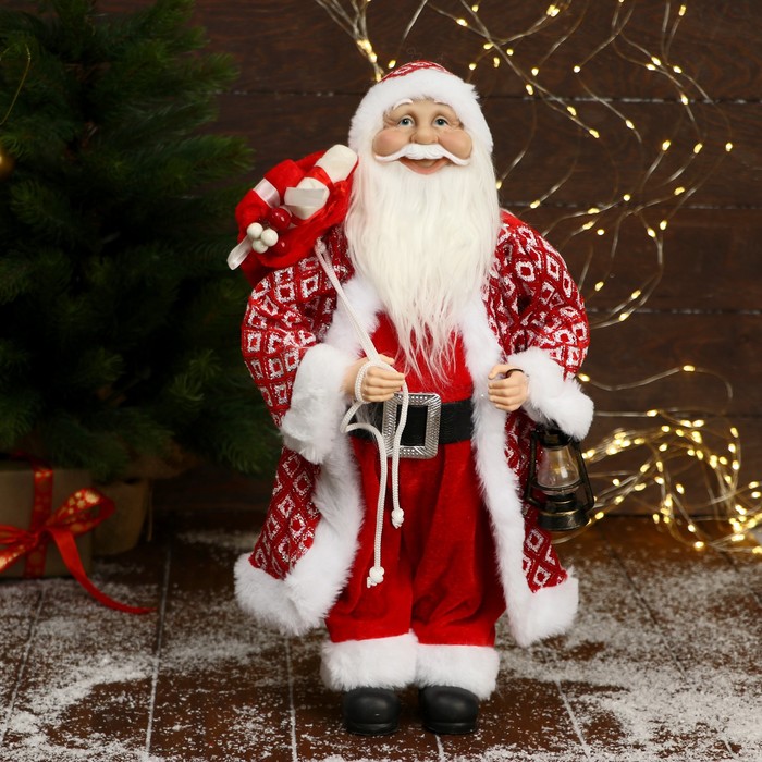 Дед Мороз "В колпачке и шубе ромбик, с фонариком и подарками" 45х23 см