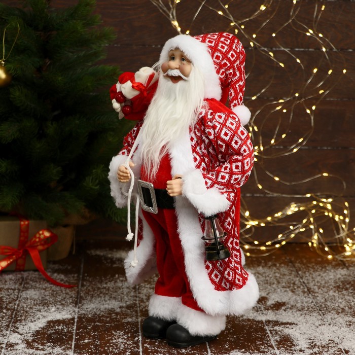 Дед Мороз "В колпачке и шубе ромбик, с фонариком и подарками" 45х23 см - фото 1908797024