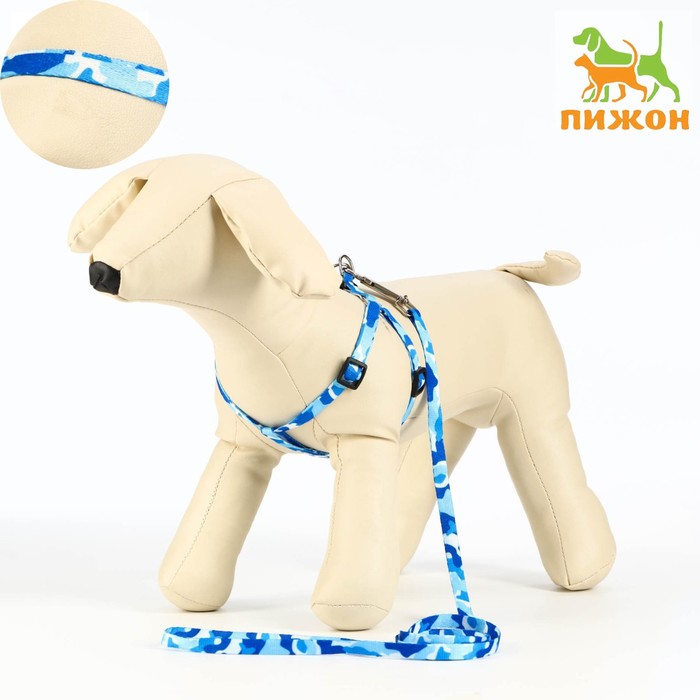 Комплект "Камуфляж", ширина 1 см,шлейка 21-35 см,поводок 120 см,капрон,капрон, сине-голубой - Фото 1