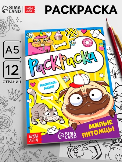 Раскраска «Милые питомцы», 12 стр., А5