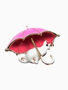 Брошь «Кошка» под зонтом, цвет бело-розовый в золоте - фото 23535822