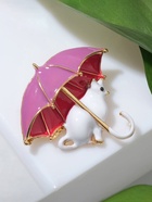 Брошь «Кошка» под зонтом, цвет бело-розовый в золоте - фото 23535825