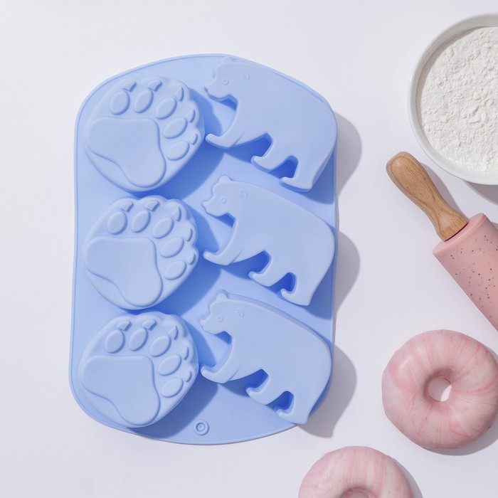 Форма для выпечки «Полярный мишка», силикон, 26×17,5×3 см, 6 ячеек, синяя - Фото 1