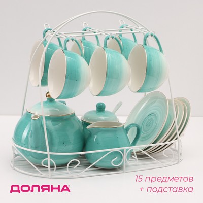 Сервиз чайный Доляна «Млечный путь», 15 предметов: 6 чашек 220 мл, 6 блюдец d=13.5 см, молочник 300 мл, сахарница 350 мл, чайник 1 л, фарфор, бирюзовый