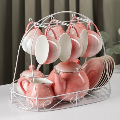 Сервиз фарфоровый чайный Доляна «Млечный путь», 15 предметов: 6 чашек 220 мл, 6 блюдец d=13,5 см, молочник 300 мл, сахарница 350 мл, чайник 1000 мл, цвет розовый