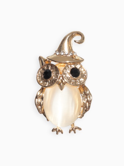 Брошь «Филин в колпаке», чёрный, белая в золоте