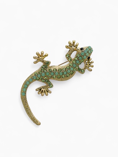 Брошь «Ящерица», зелёная в золоте
