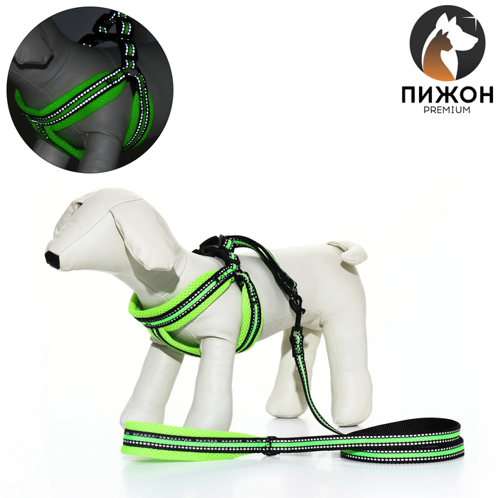 Комплект амуниции светоотражающий с мягкой шлейкой и мягкой ручкой, 1.5×120 см, ОШ 35-53, жёлтый - Фото 1