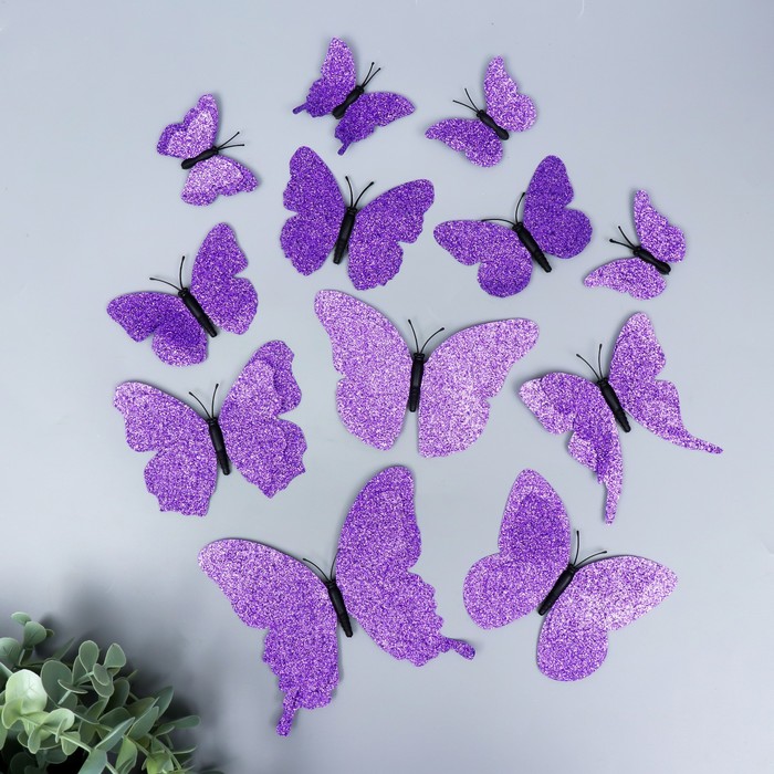 Магнит пластик "Бабочки двойные крылья - блеск" фиолетовый набор 12 шт - Фото 1