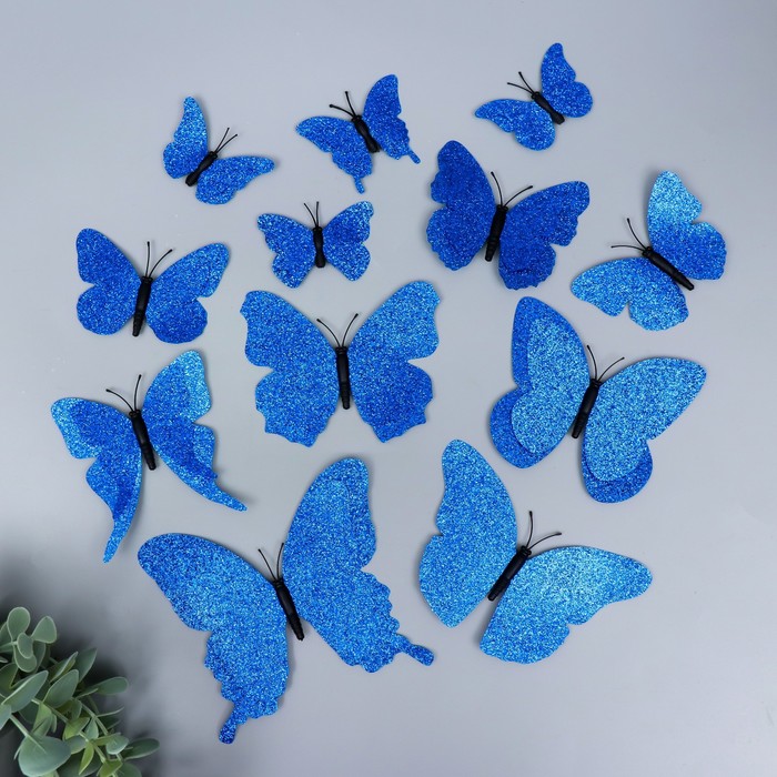 Магнит пластик "Бабочки двойные крылья - блеск" синий набор 12 шт - Фото 1