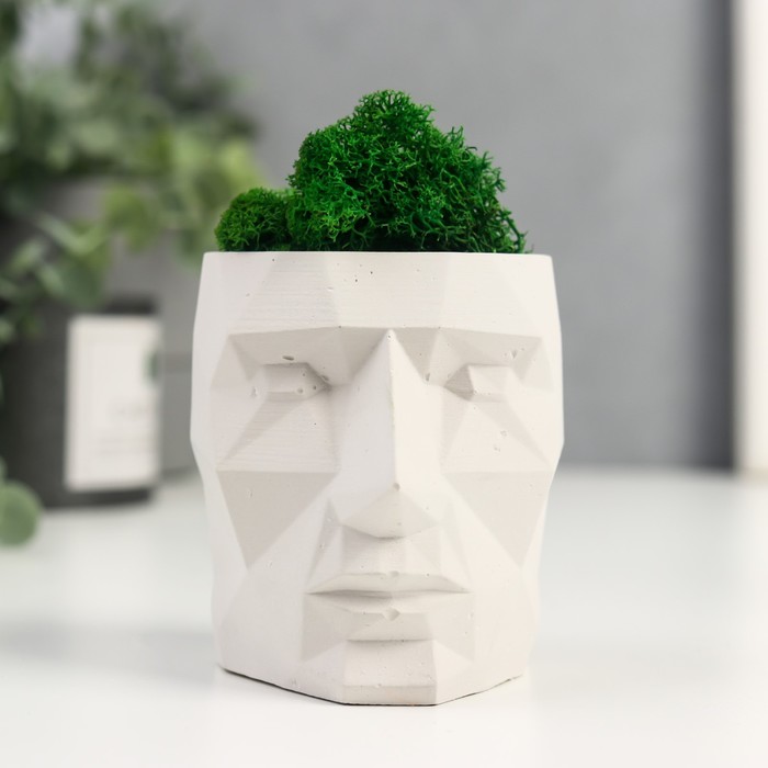 Кашпо бетонное "Голова" со мхом высота 8.5 см белое (мох зеленый стабилизированный)